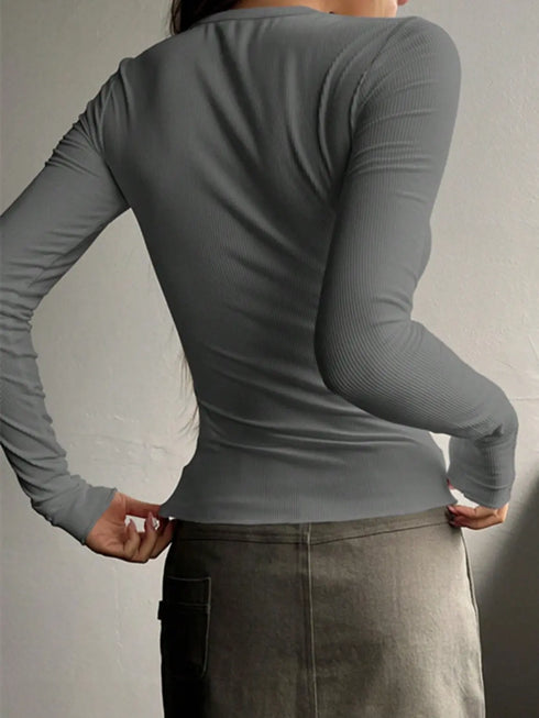 'Elara' Ribbed Half Button Long Sleeve Shirt - Celes Fashion